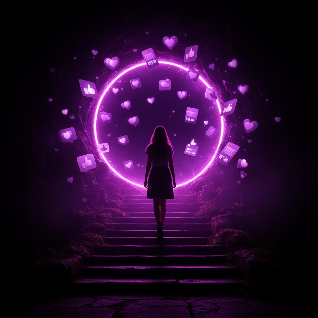 Creator stepping through the Parasocial portal, surrounded by hearts and feed cards