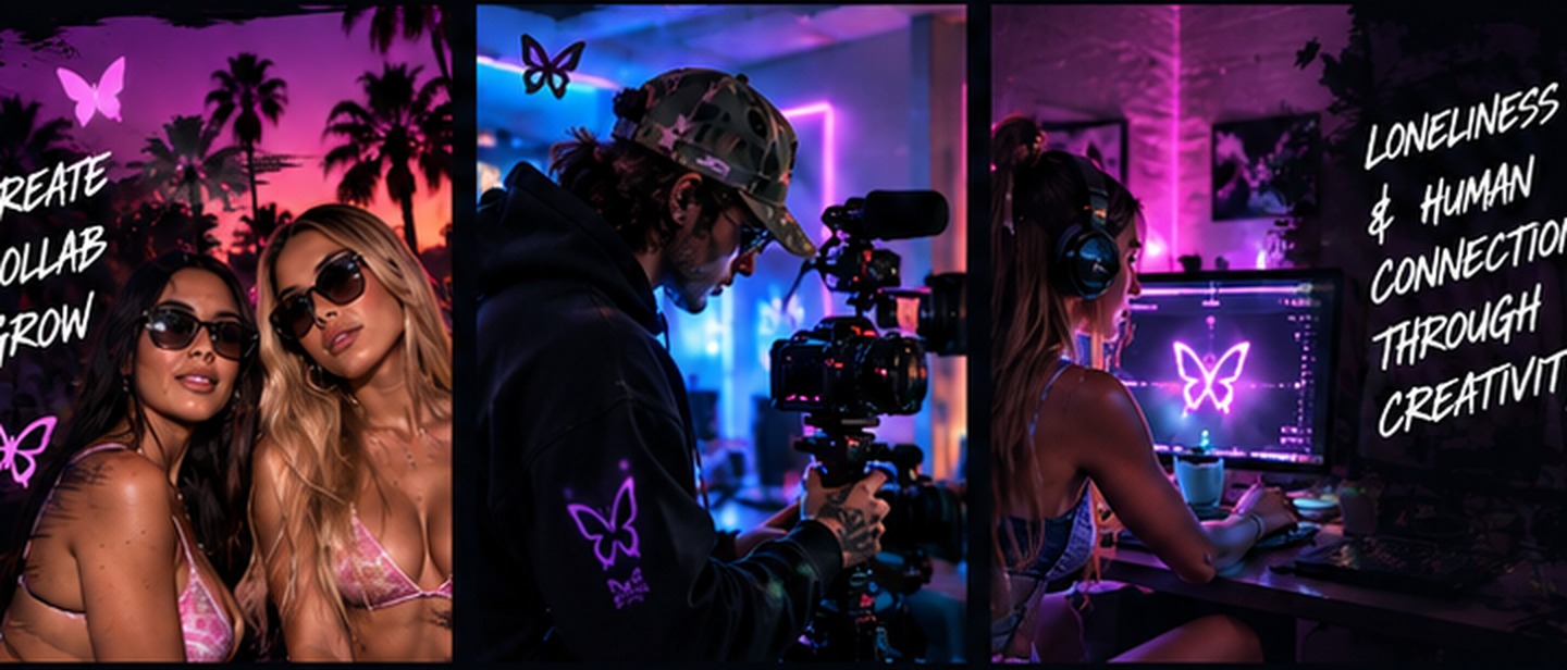 Creators collaborating, filming and streaming under neon light